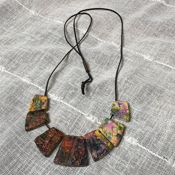 Artisan Handcrafted Multicolor Mosaic Tile Inspired Tribal Sculpted Necklace EUC - Picture 15 of 16